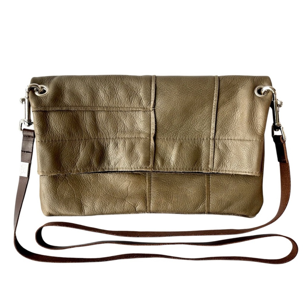 Owen Barry Handmade Fold Over Crossbody Olive Green Leather Suede Eco Bag Purse